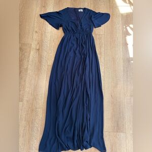 Show Me Your Mumu Navy Flutter Sleeve Maxi Dress Smocked Waist Flowy Formal XS